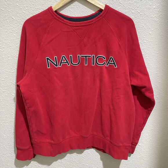 Nautica Crewneck Sweatshirt Mens Large Embroidered Long Sleeve Pullover Red Navy - Picture 1 of 5